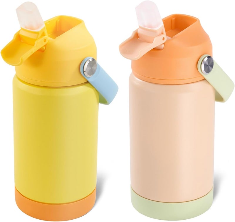 Kerilyn 12oz Kids Water Bottle 2 Pack, Stainless Steel Insulated Water Bottle Bulk, Toddler Cups with Straws Leak-Proof, Kids Water Bottles for School Boys Girls, BPA Free, Cantaloupe + Yellow - Image 1